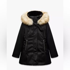 New Zara Black Coat with Fur Trim hood